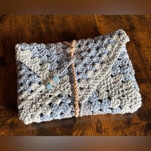 Handmade Crocheted envelope sleeve in Blue and burnt orange for kindle or book